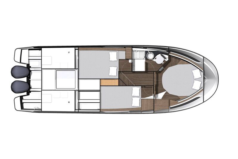 Jeanneau Merry Fisher 1095 Flybridge - diagram of cabins and galley + toilet layout Jeanneau Merry Fisher 1095 Flybridge
