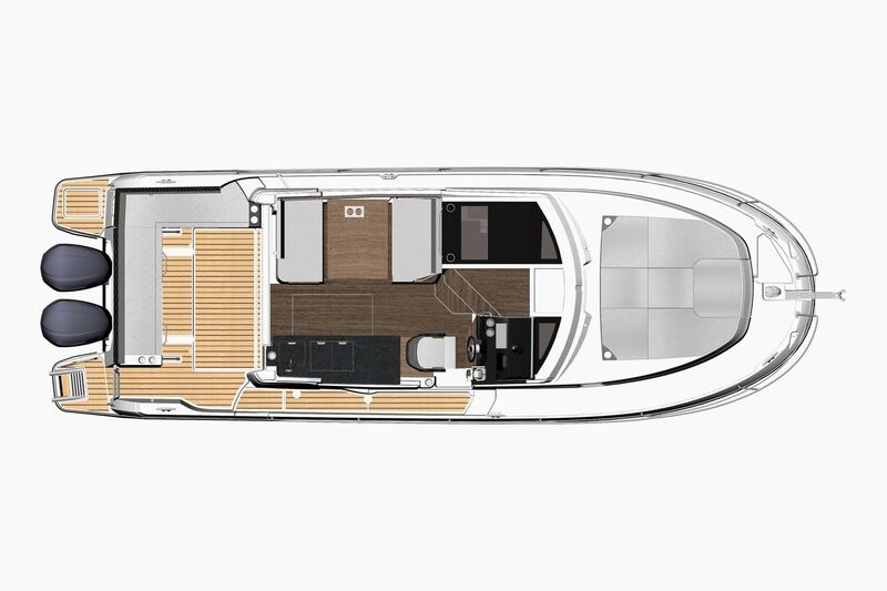 Jeanneau Merry Fisher 1095 Flybridge - diagram off cockpit + bow seating and wheelhouse interior Jeanneau Merry Fisher 1095 Flybridge