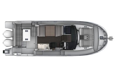Jeanneau Merry Fisher 895 - diagram of cockpit seating, wheelhouse interior and bow sun lounger 